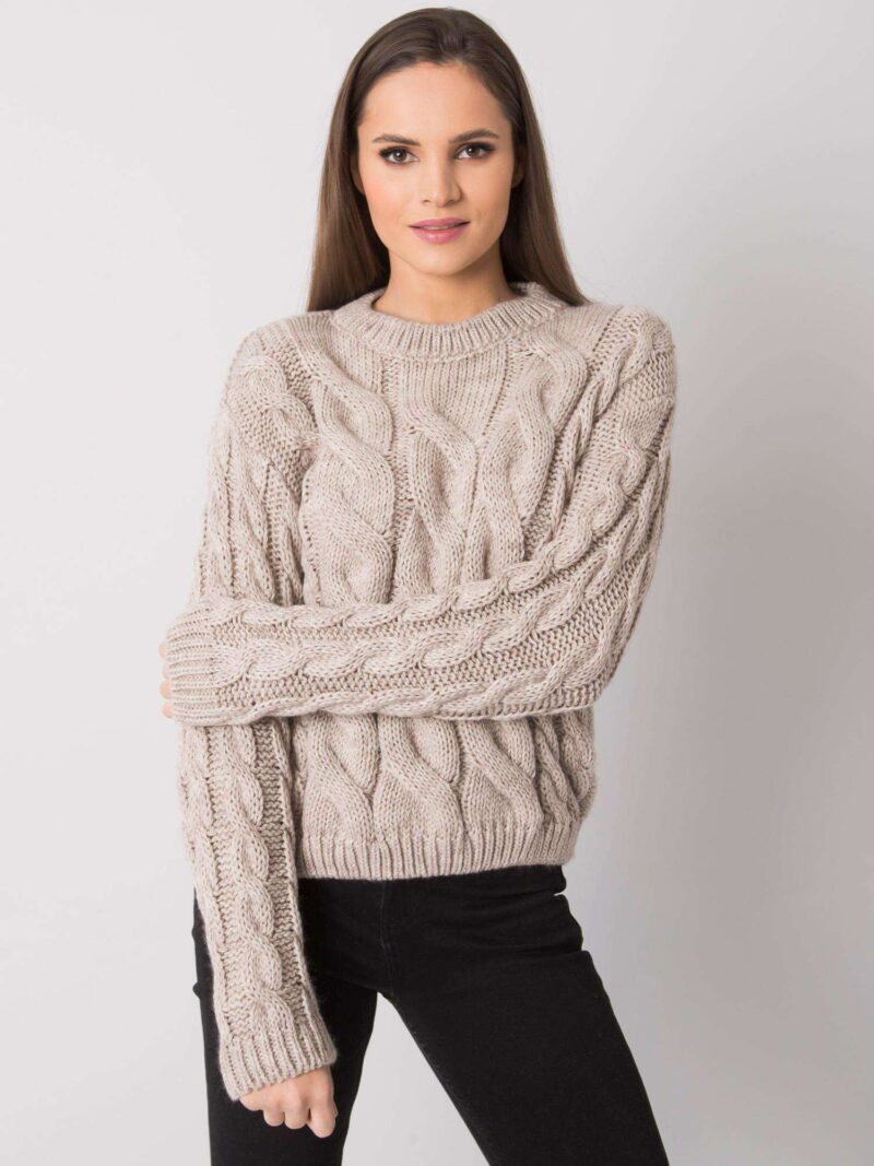 Beżowy sweter pleciony - obrazek 2