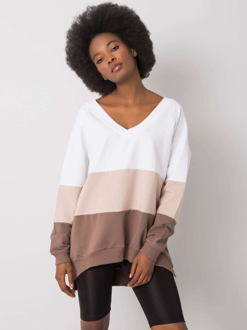 Brązowo-biała bluza oversize z dekoltem w serek