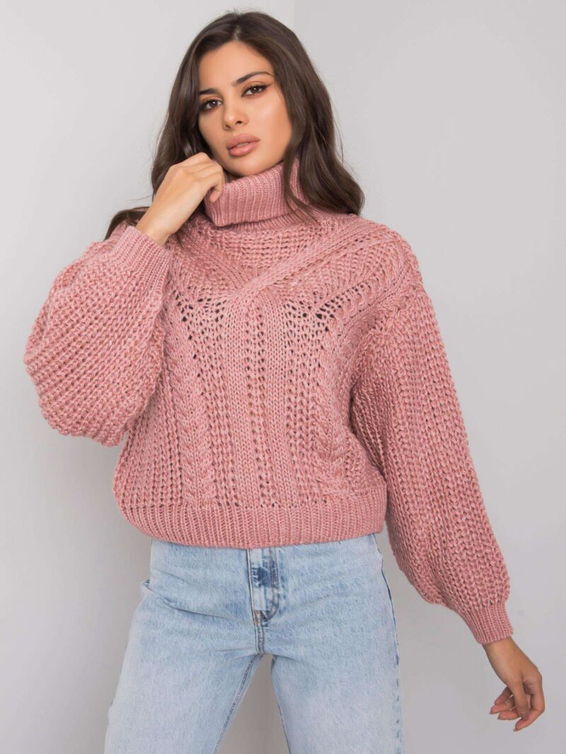 Różowy sweter z golfem i szerokimi rękawami - obrazek 2