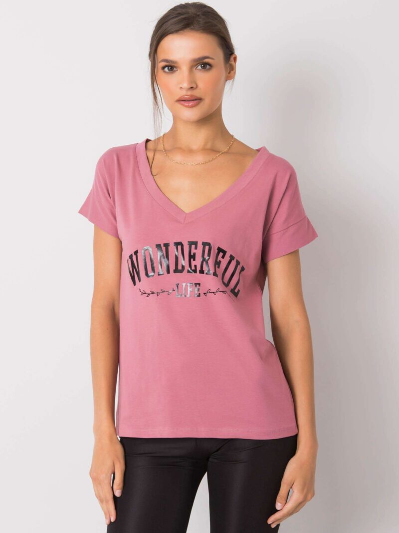 Różowy t-shirt z dekoltem w serek