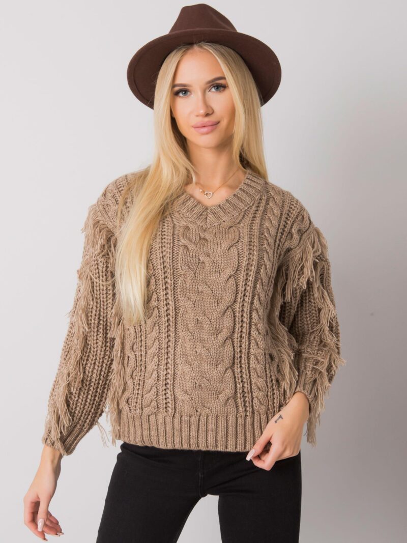 Beżowy sweter z frędzlami - obrazek 4