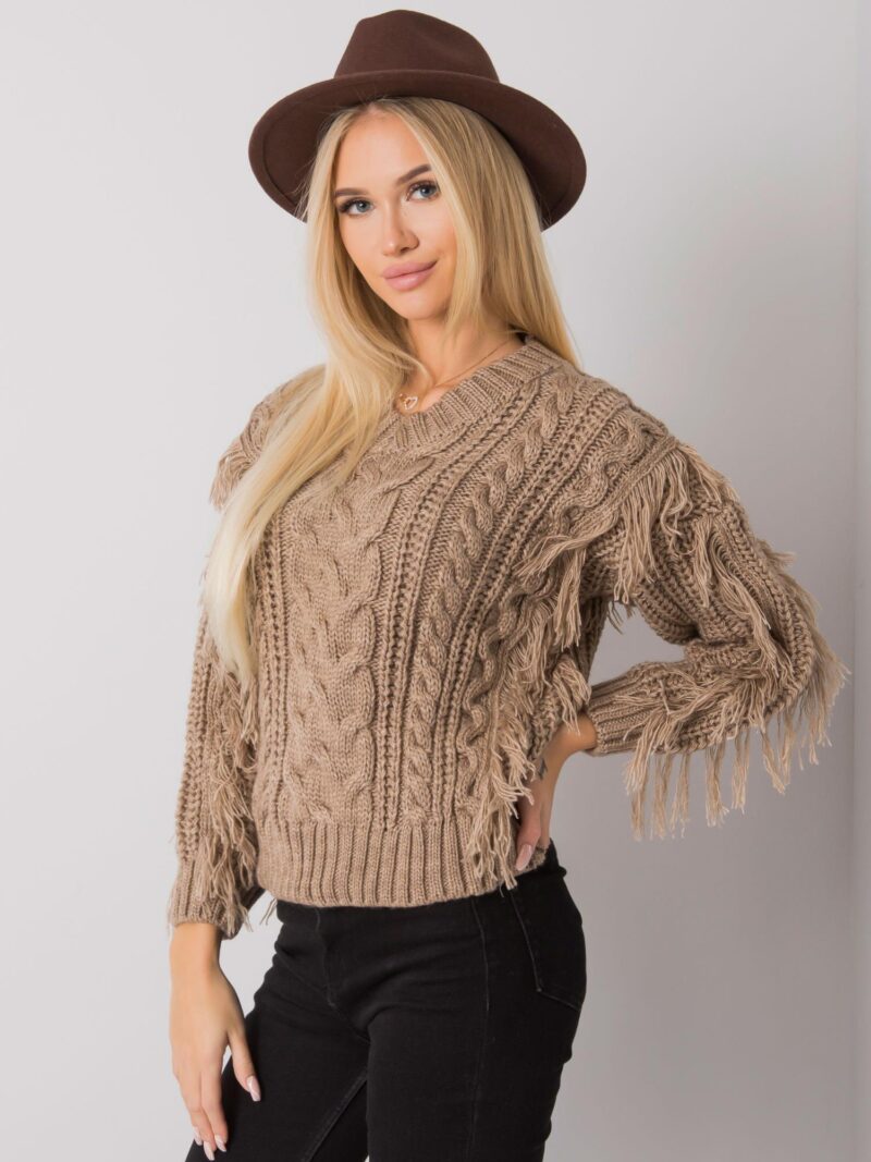 Beżowy sweter z frędzlami - obrazek 3
