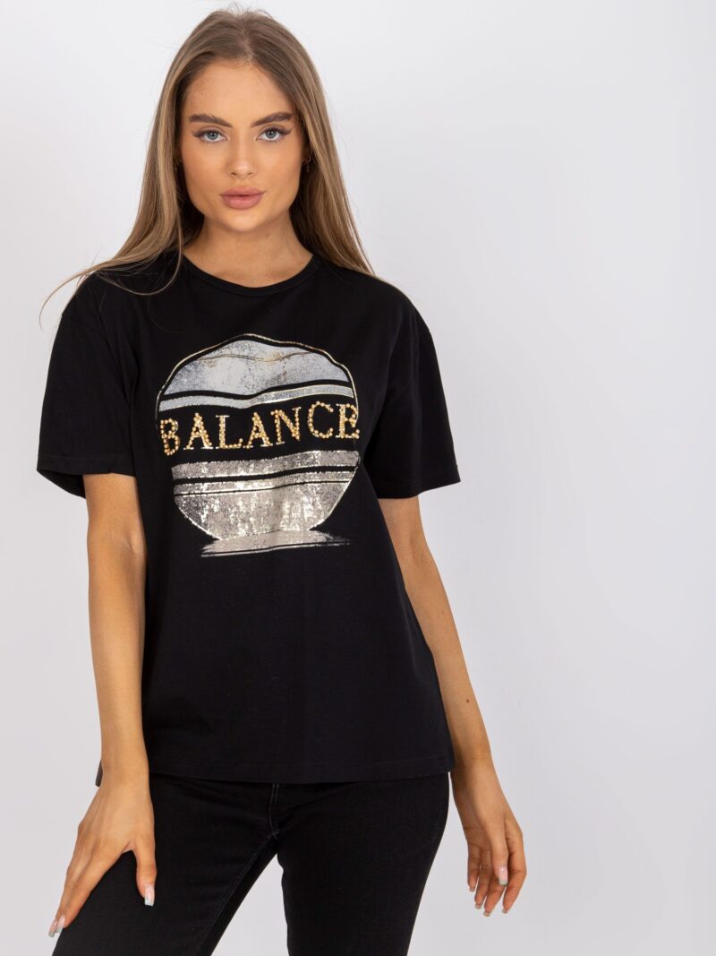 Czarny t-shirt z nadrukiem i krótkim rękawem - obrazek 2