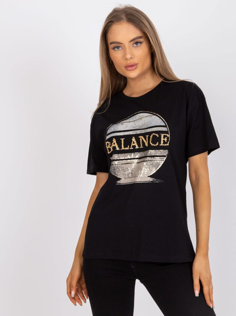 Czarny t-shirt z nadrukiem i krótkim rękawem - obrazek 3