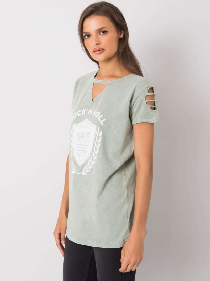 T-shirt z nadrukiem i wycięciem na dekolcie - obrazek 2