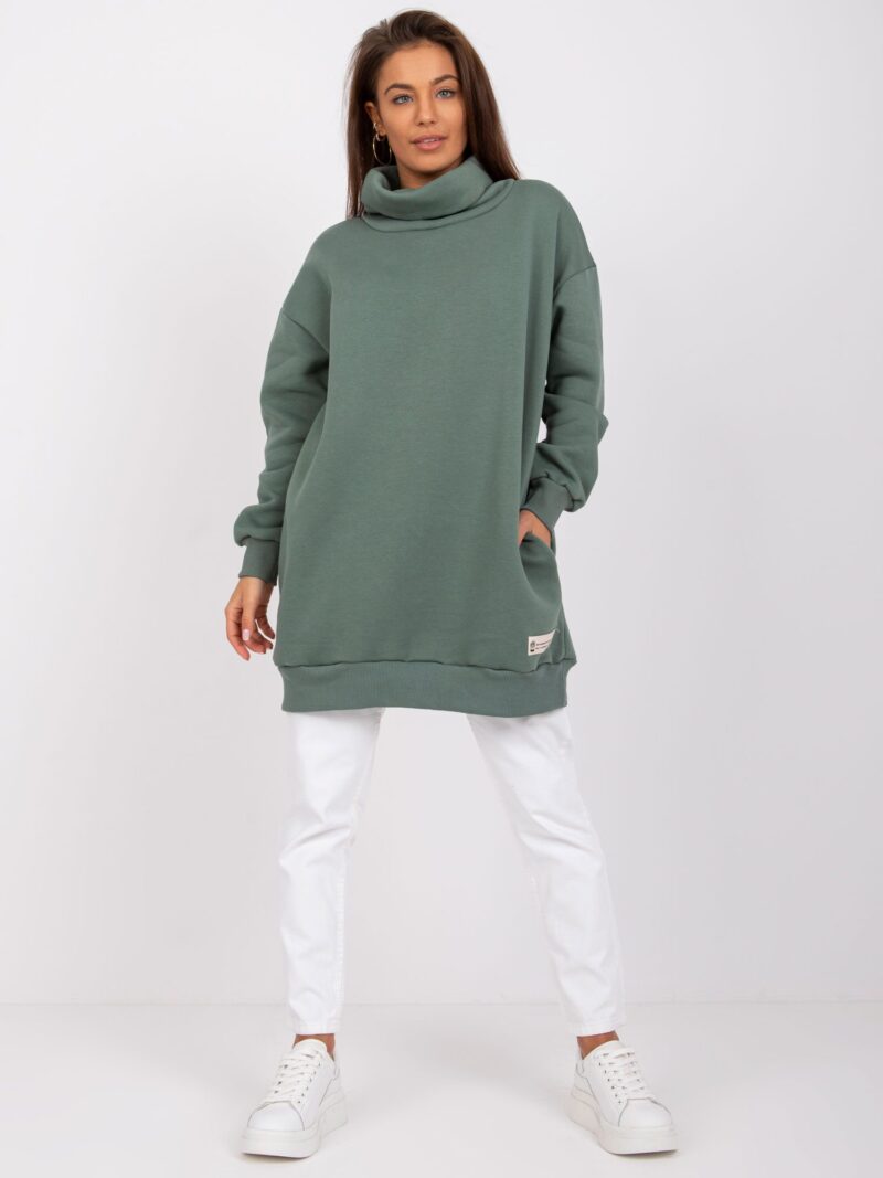Zielona długa bluza oversize z golfem - obrazek 2