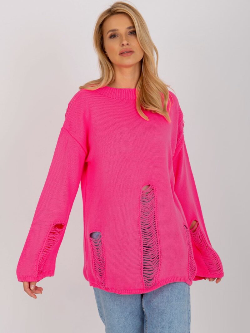 Fluo różowy damski sweter z przetarciami
