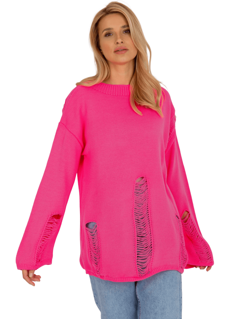 Fluo różowy damski sweter z przetarciami - obrazek 6