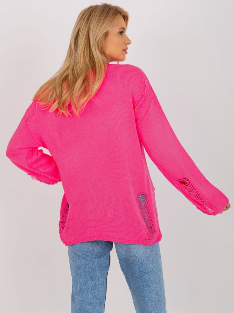 Fluo różowy damski sweter z przetarciami - obrazek 5