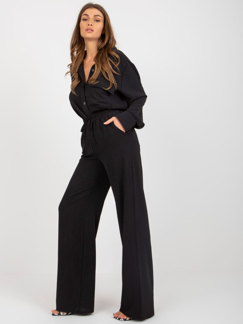 Czarne szerokie spodnie damskie high waist - obrazek 2