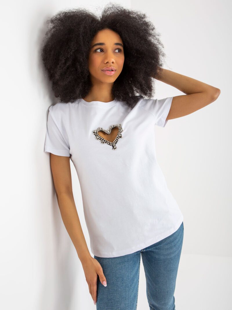 Biały t-shirt bawełniany z cekinami - obrazek 2
