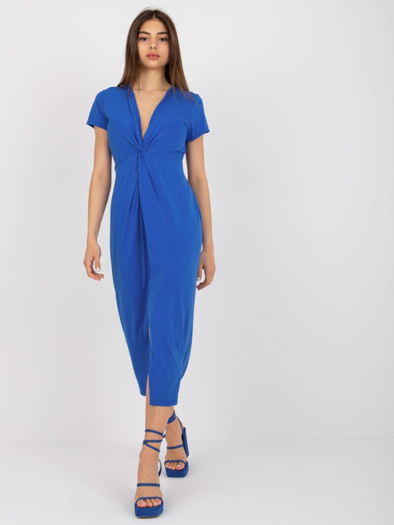 Niebieska elegancka sukienka z krótkim rękawem - obrazek 2