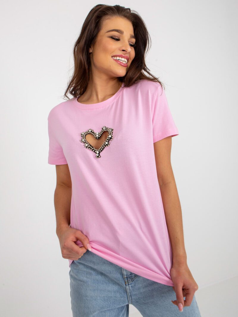 Różowy t-shirt bawełniany z cekinami - obrazek 3