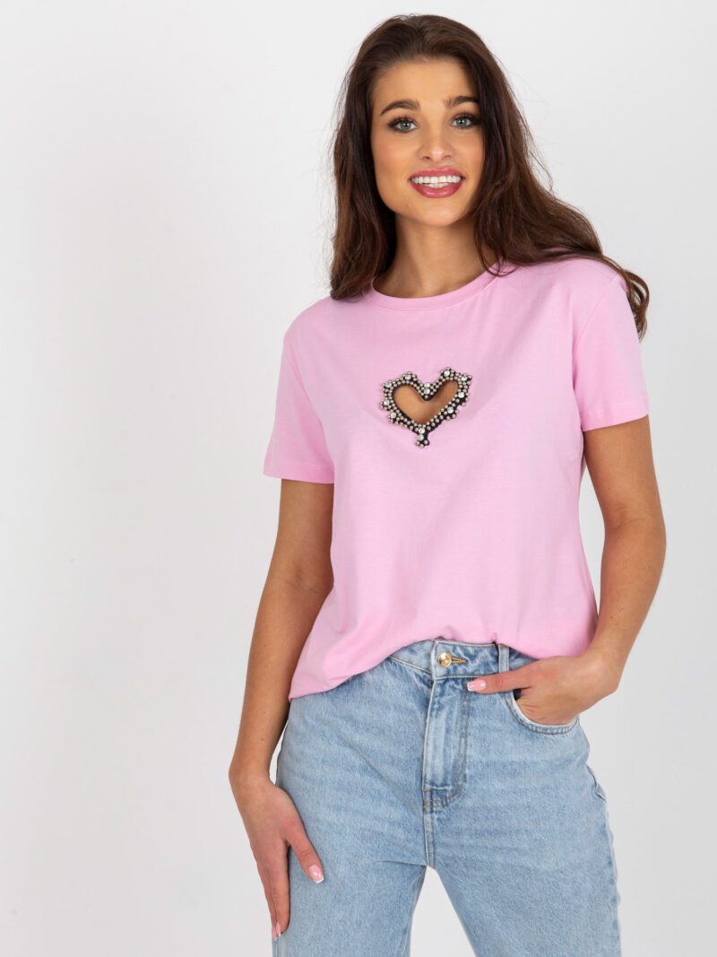Różowy t-shirt bawełniany z cekinami