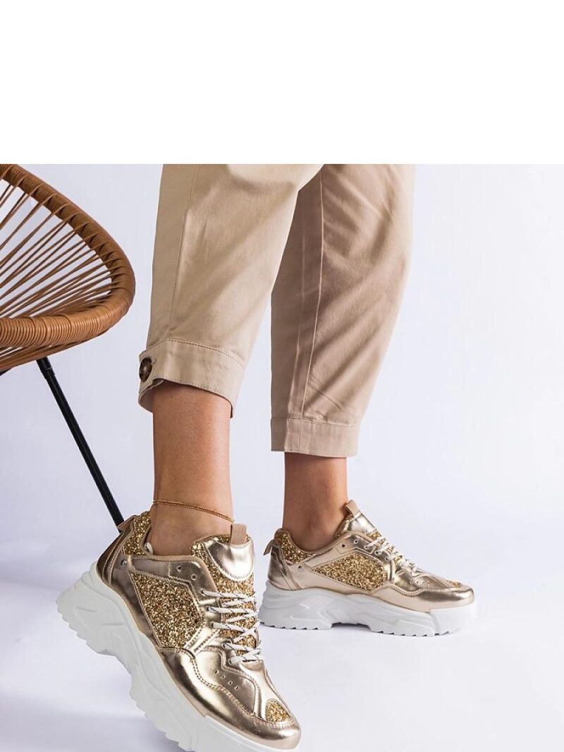 Złote sneakersy damskie z brokatowymi wstawkami Caraballo - Solea - obrazek 2