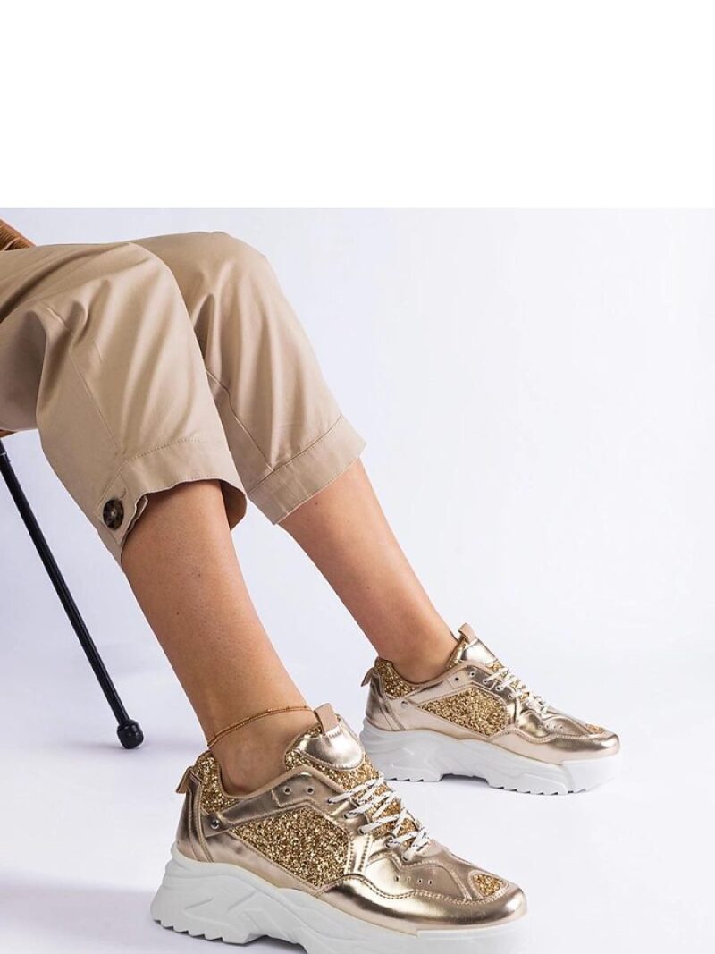 Złote sneakersy damskie z brokatowymi wstawkami Caraballo - Solea - obrazek 5